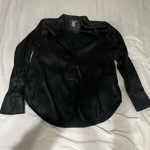 Sleek Black Satin Button-Up Shirt